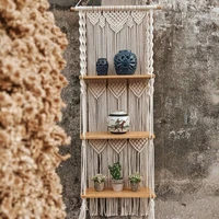 boho macrame wall hanging shelf 3 tier handmade woven tel wood organizer shelves wall floating hanger for home decor