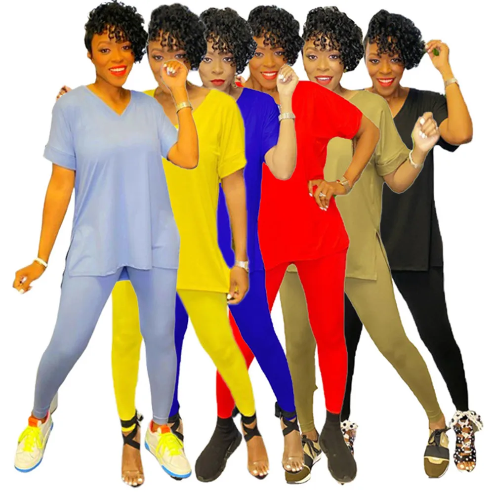 

Pure Color XL-5XL Large Size Two Piece Suit for Women V Neck Short Sleeve Loose Top and Skinny Long Pants Loungewear Outfits