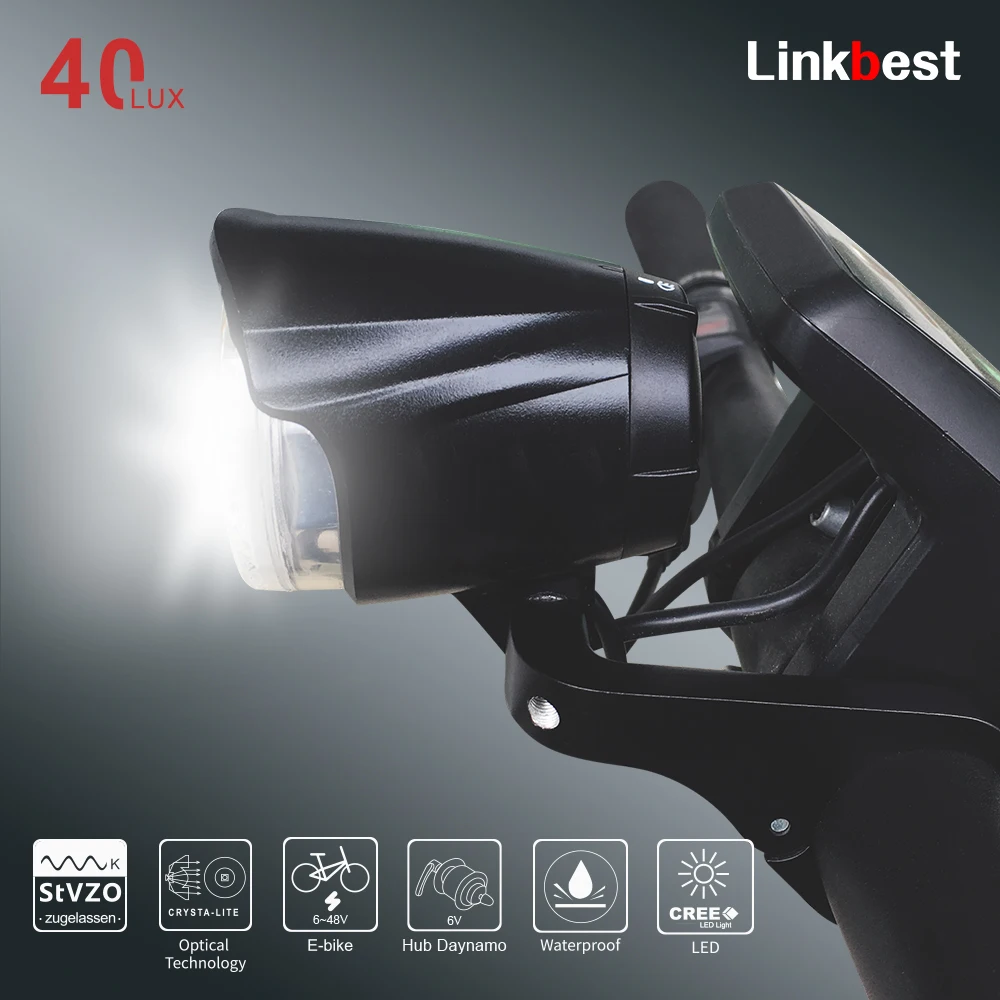 Linkbest Headlight Led Bicycle Light Ebike Light Stvzo Approved Bike Lamp Cree Led 40 Lux Waterproof IPX5 Hub Dynamo Escooter