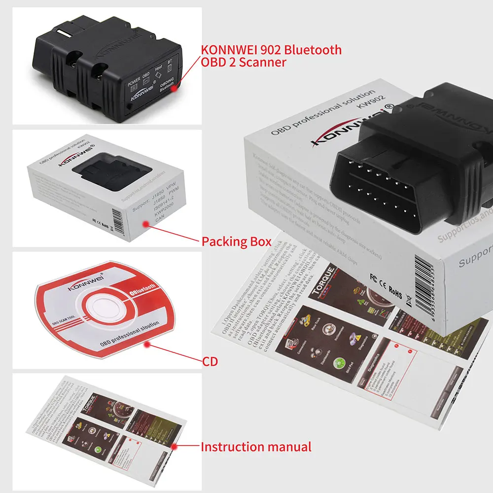 Vehemo OBD2 сканер KW902 ELM327 V1.5 Bluetooth Автосканер PIC18f25k80 Мини ELM 327 OBDII считыватель кодов для