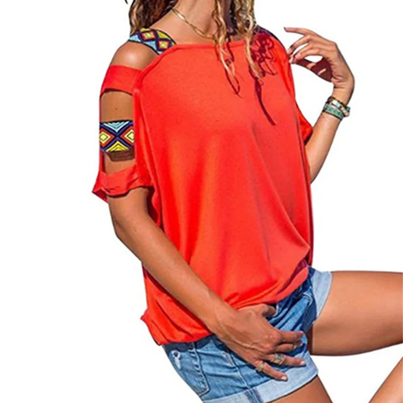 

Ladies Summer Solid Color Fashion Tops Sexy Hollow Strapless Clothes Casual Loose Neck Pullover T-shirt For Women New Arrive Tee