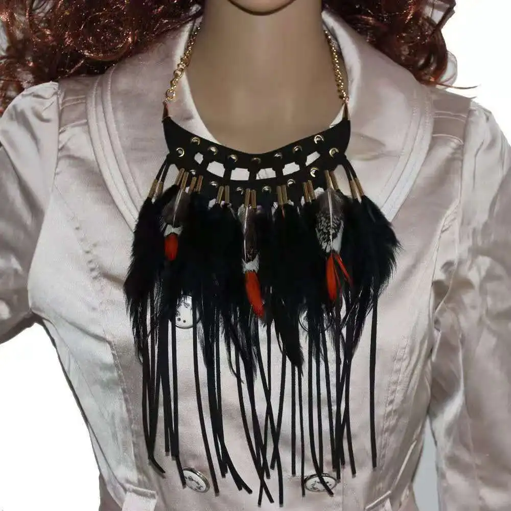 

Dark Academia Fashion Leather Hawaiian Jewelry Bohemian Feather Tennis Necklace for Women
