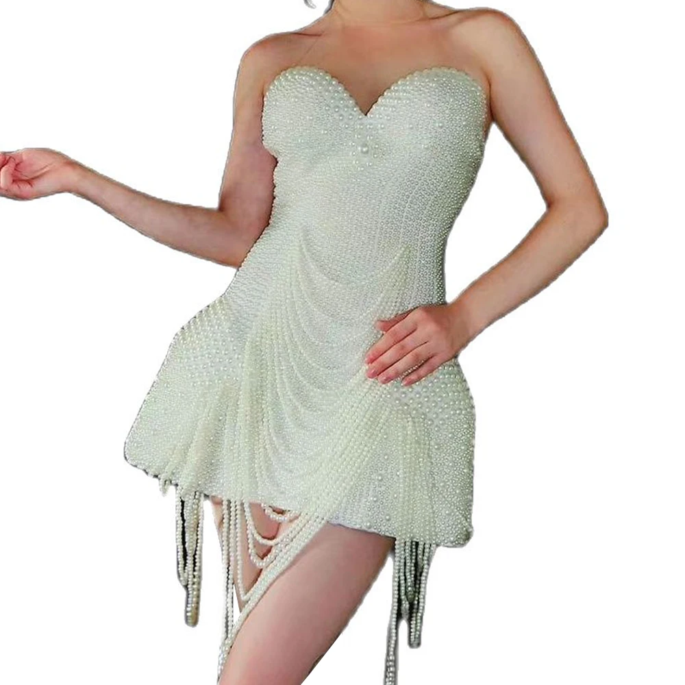 

White Wedding Party Pearl Mini Dress Women Hanging Neck Mesh Gauze Embellished Beaded Dresses Nightclub Dance Show Stage Wear