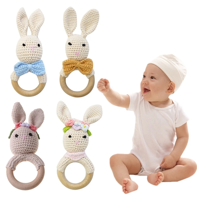 

Baby Wooden Teether Ring DIY Crochet Bunny Rattle Soother Bracelet Infant Teething Molar Play Toys