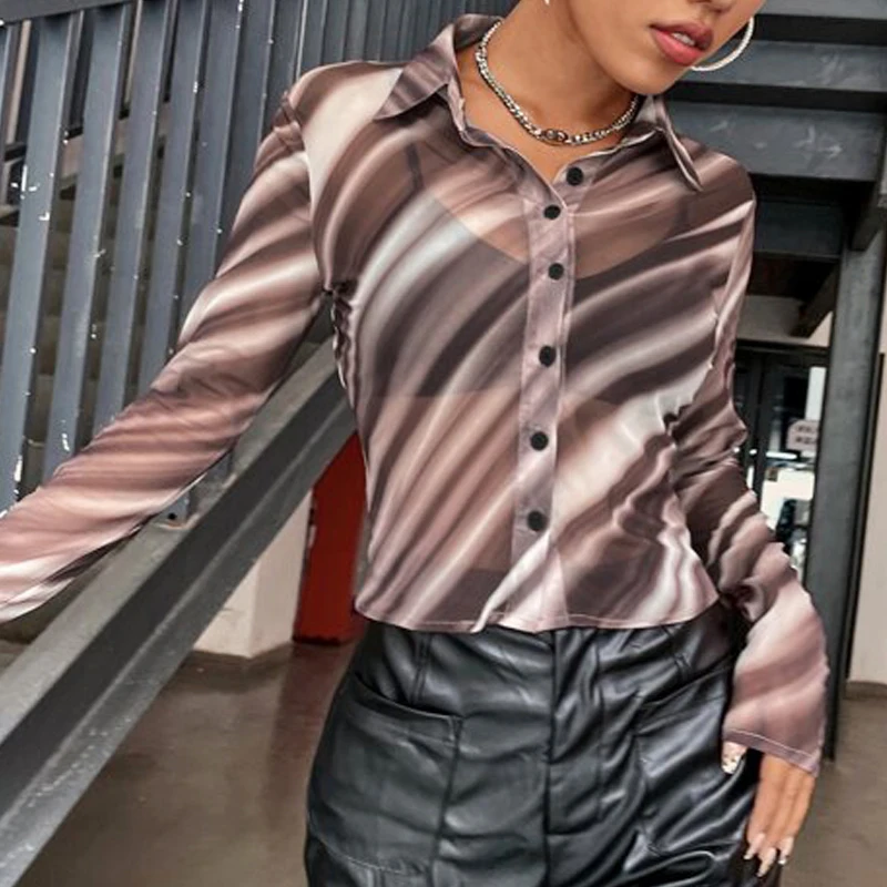 

Fashion Women Striped Long Sleeve Blouse Summer Autumn Sexy See-Through Turn-Down Collar Slim Shirt Tops for Women Brown