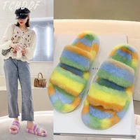 2021 new winter rainbow multicolored sandals luxury designer womans slippers fur flip flops slides platform plush massage 42