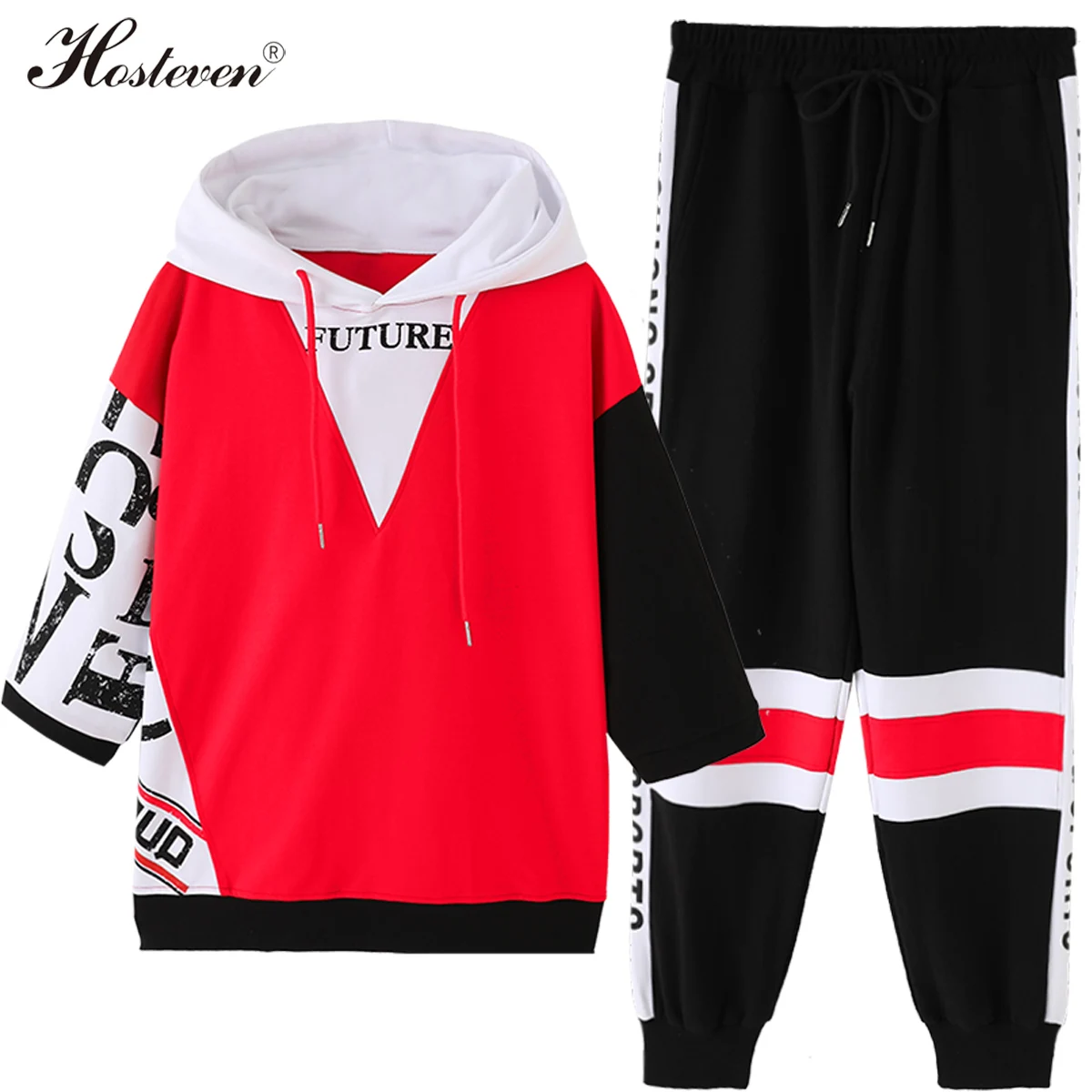 

Women Sweatshirt Casual Suit Pullovers 2 Piece Set Cotton Pants Tracksuit Plus Size Black Streetwear Letter Sports Suit