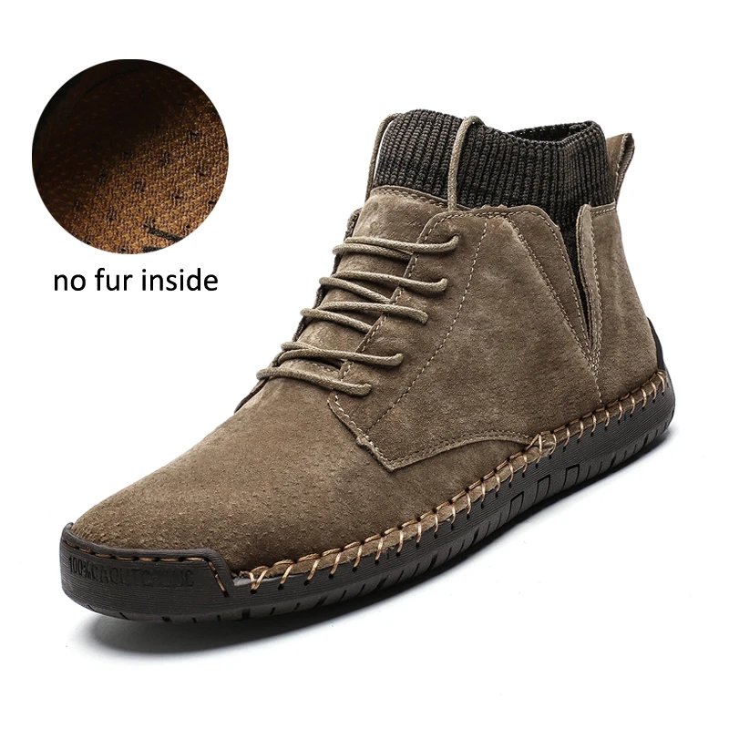 No Fur khaki Г. Новые мужские зимние ботинки с плюшевой подкладкой, теплые мужские ботинки размер 38-48, Нескользящие мужские Ботильоны Водонепроницаемая Осенняя мужская Рабочая обувь - Цвет: No Fur khaki