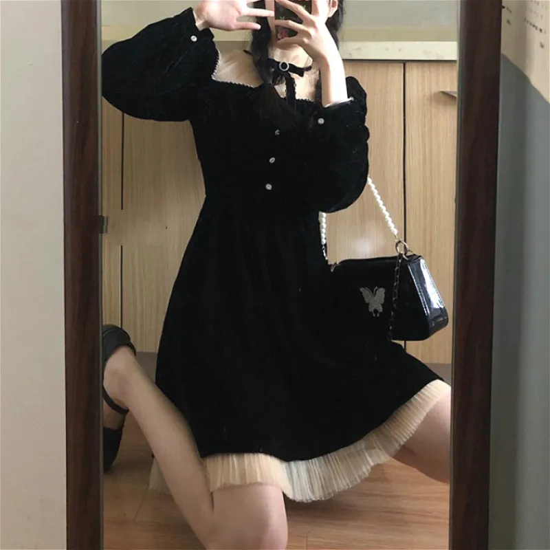 Черное готическое платье женское флисовое кружевное милое мини-платье в стиле
