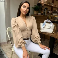 2021 european and american womens solid color v neck button long sleeve puff sleeve slim fashion all match t shirt 10224