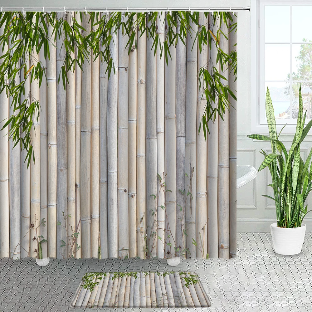 

Green Bamboo Zen Bathroom Decor Shower Curtains Bath Mats Sets Home Polyester Fabric Chic Bath Curtain Non-slip Carpet Door Mat