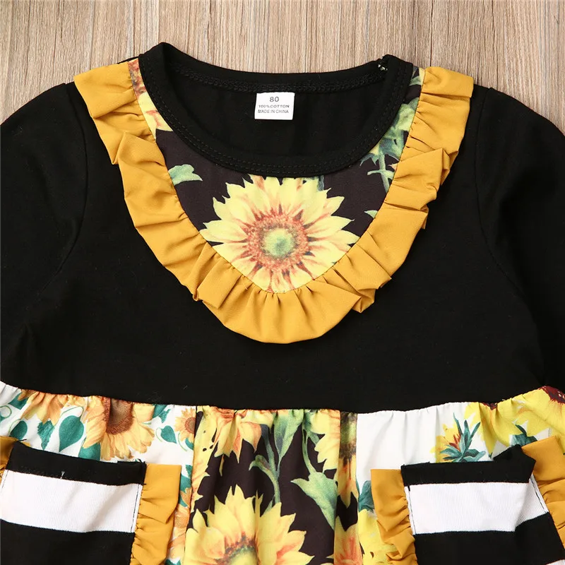 Зимнее платье-топ с рисунком подсолнуха для маленьких девочек штаны в полоску