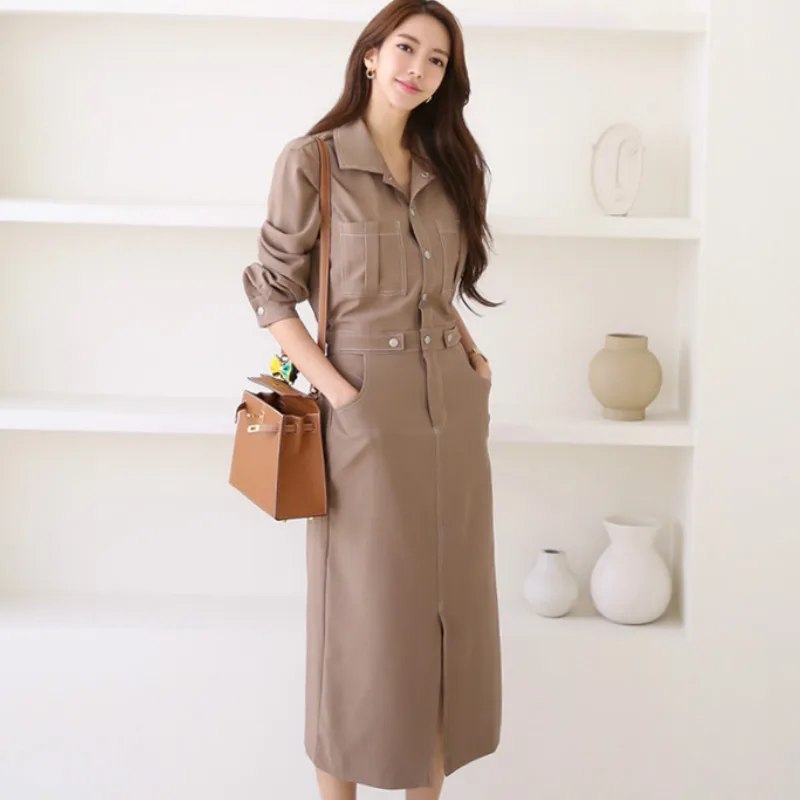 

2020 Autumn OL Mid-Calf Vestidos Women's Split Solid Pencil Long Sleeved Vintage Casual Work Dress