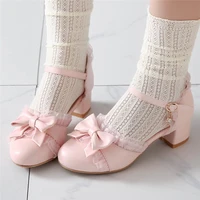 lolita shoes pink white heels bow pumps 2020 fashion new block heel cosplay shoes round toe buckle ankle strap famale shoes 33