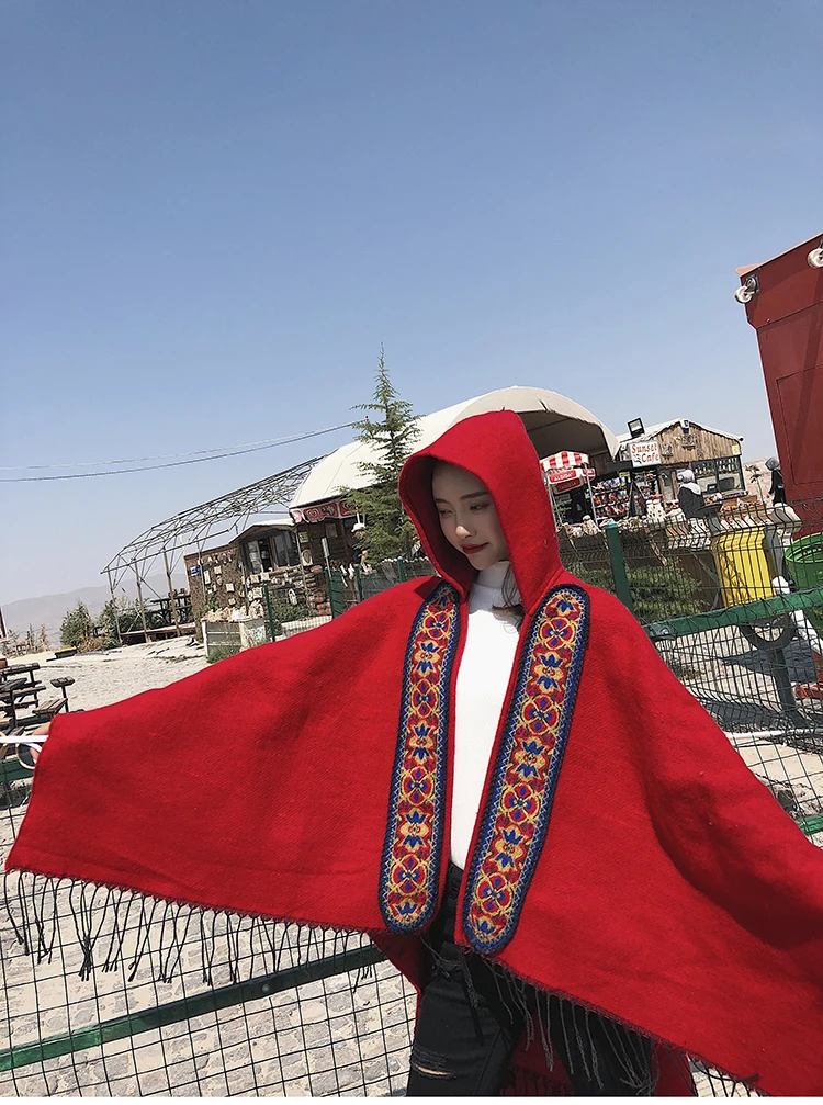 Новая женская красная накидка с капюшоном пончо на осень и зиму вязаный свитер