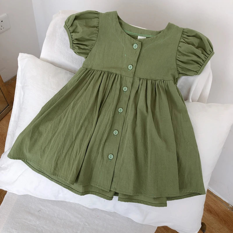 

2022 Baby Girls Summer Clothing Toddler Infant Korean Fashion Puff Sleeve Princess Dress Causal All-match Carnival Outfit Green
