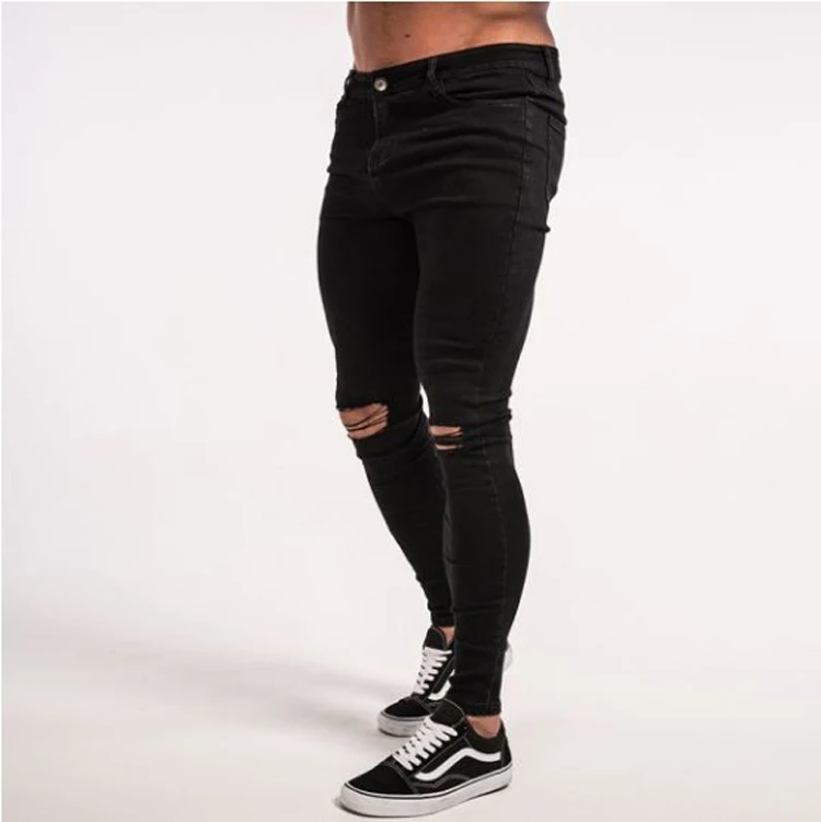 Black men's jeans tight stretch hole slim pants locomotive men | Мужская одежда