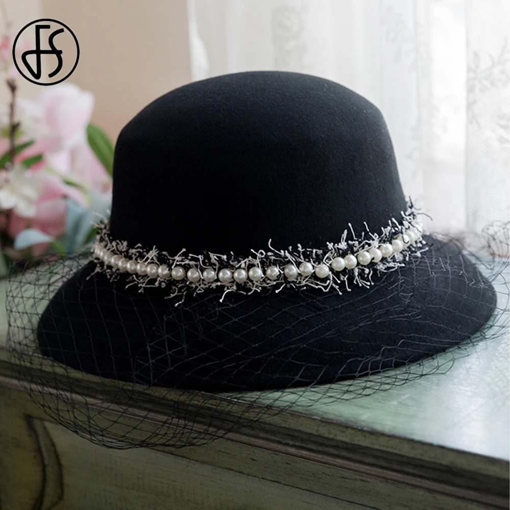 

FS Hepburn Black 100% Wool Felt Dome Top Basin Fedora Hats Women Church Cloche Derby Hat Fedoras Bowler Cap Pearl Beaded Veil