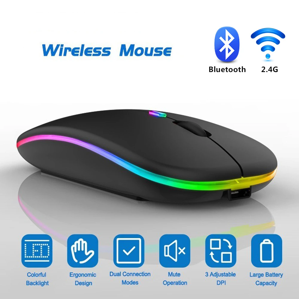 Bluetooth беспроводная с USB перезаряжаемая мышь RGB со светодиодной подсветкой для