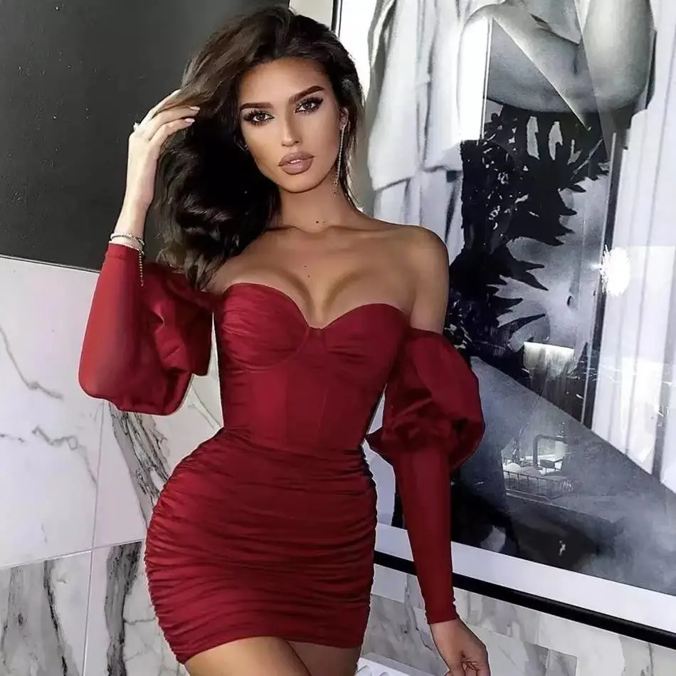 

High Quality Burgundy Long Puff Sleeve Off The Shoulder Rayon Bandage Dress Elegant Evening Party Dress Vestidos