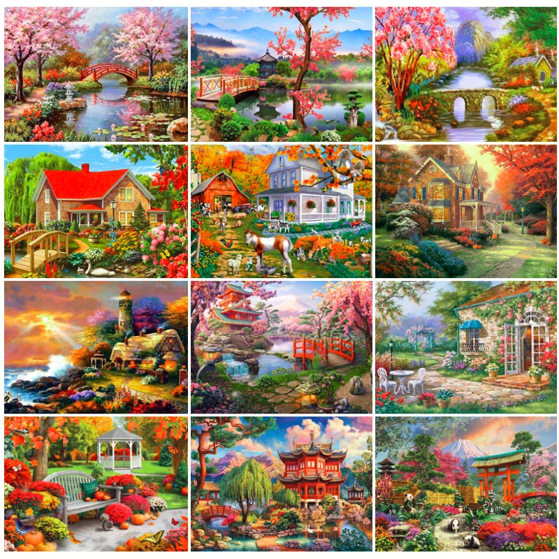 

Алмазная живопись «сделай сам», вышивка с пейзажем, деревом, рекой, мостом, домом, полное сверление, вышивка крестиком с деревом, домашний де...