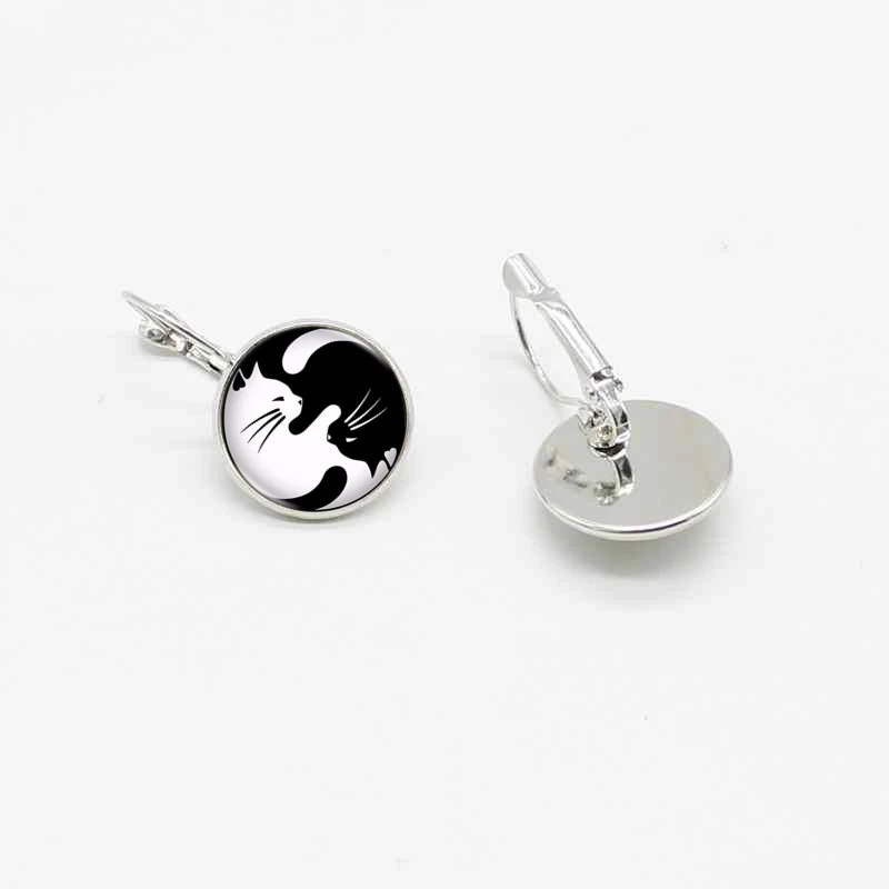

New cute black and white cat yin and yang popular crystal glass ear hook earrings jewelry