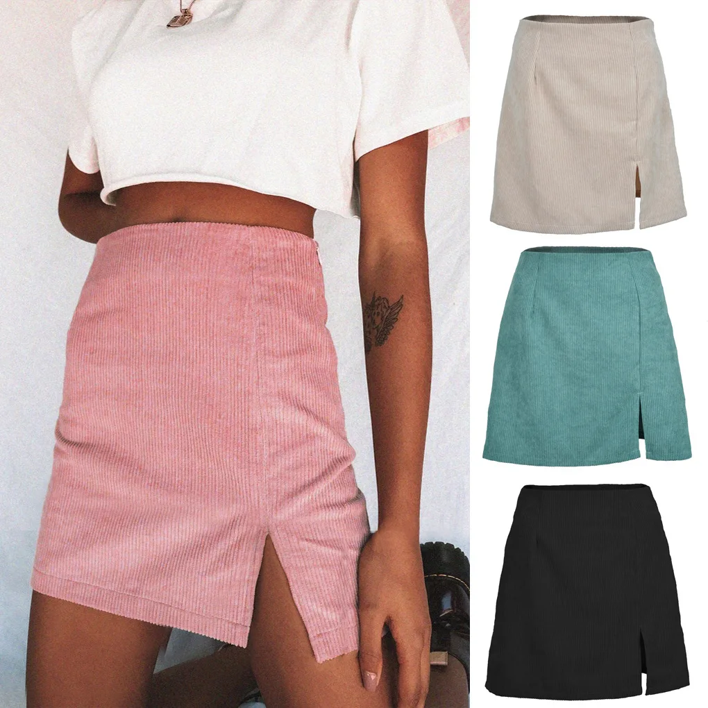 

Women´s Vintage A Line Mini Skirt 2020 Fashion Casual High Waist Above Knee Split Hem Corduroy Short Mini Skirt For Teen Girls