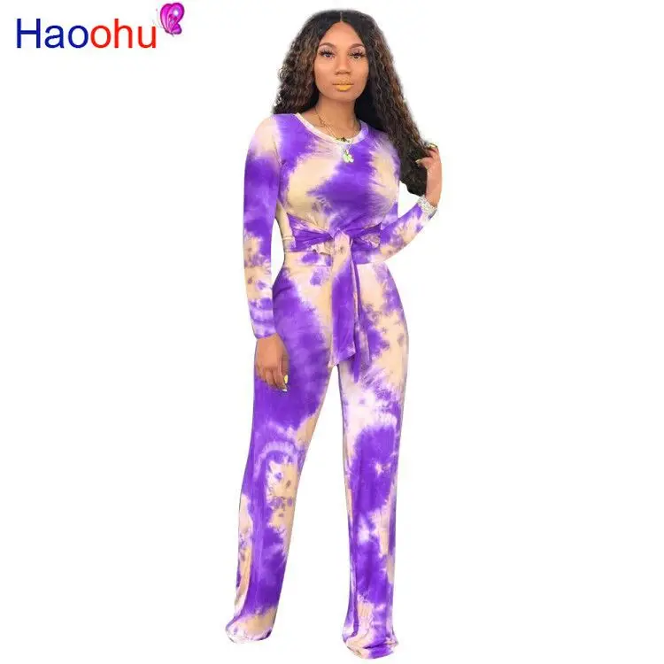 

Tie Dye Causal Plus Size 2 Piece Set Women Festival Clothing Round Neck Long Sleeve Tie Up Crop Top + Wide Leg Pants Track Suits
