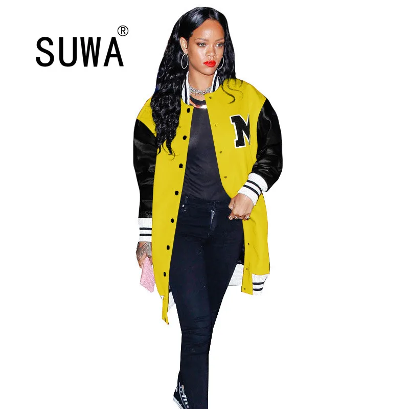 

Женская длинная куртка, повседневная однобортная куртка контрастных цветов с буквенным принтом, свободная верхняя одежда с длинным рукаво...