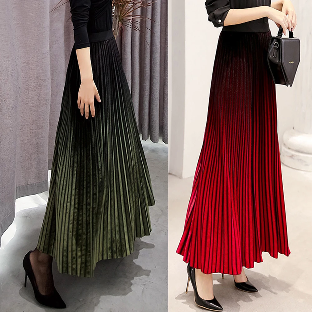 Модная женская длинная юбка макси бархатные плиссированные юбки осенняя зимняя