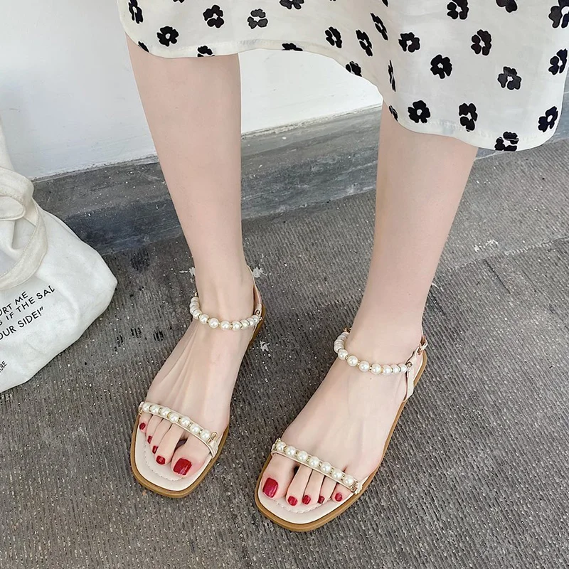 

2021 Sandals Ladies Shoes Summer Clear Heels Suit Female Beige Buckle Strap New Black Pearl Fashion Comfort Girls Flat PU Casual