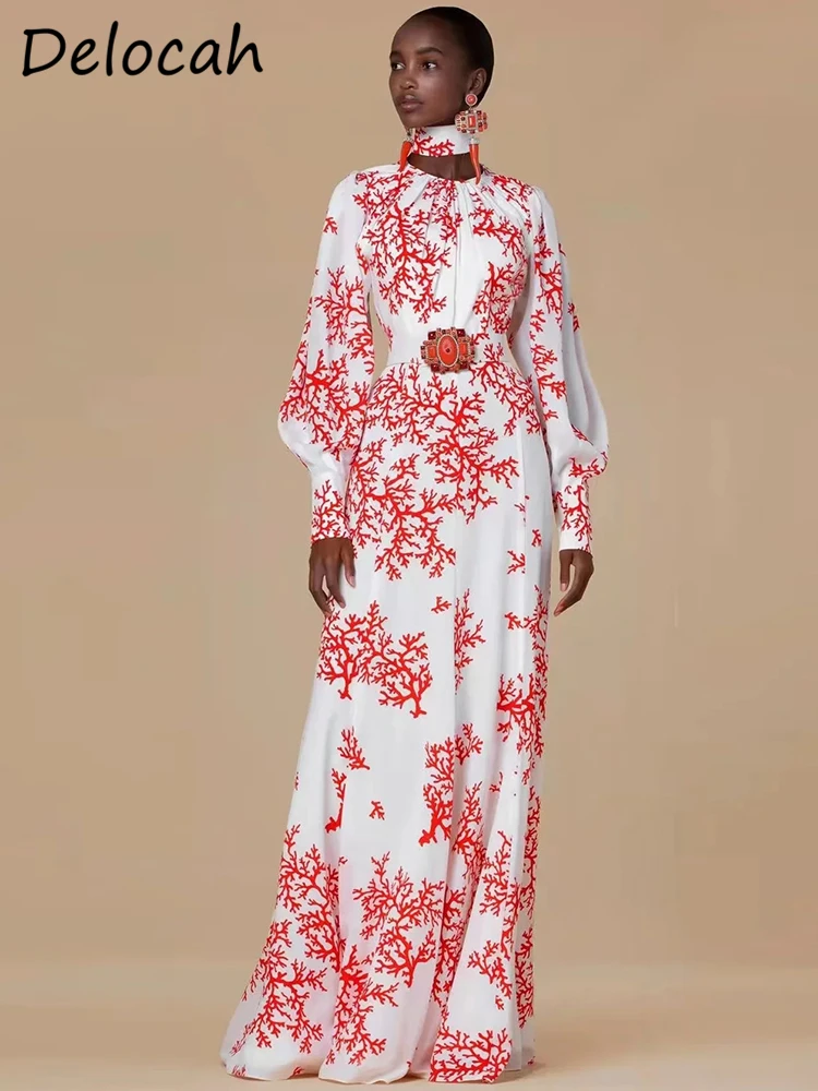 

Delocah 2022 Spring Women Fashion Designer Party Long Dress Lantern Sleeve Sashes Vintage Print Elegant Ladies A-Line Dresses