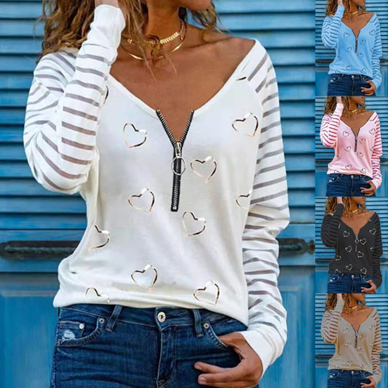 

2021 Autumn Fashion Hot Sale Women's 2021 New Printing Temperament Zipper Collar V Neck Long-Sleeved T-Shirt Women Clothing
