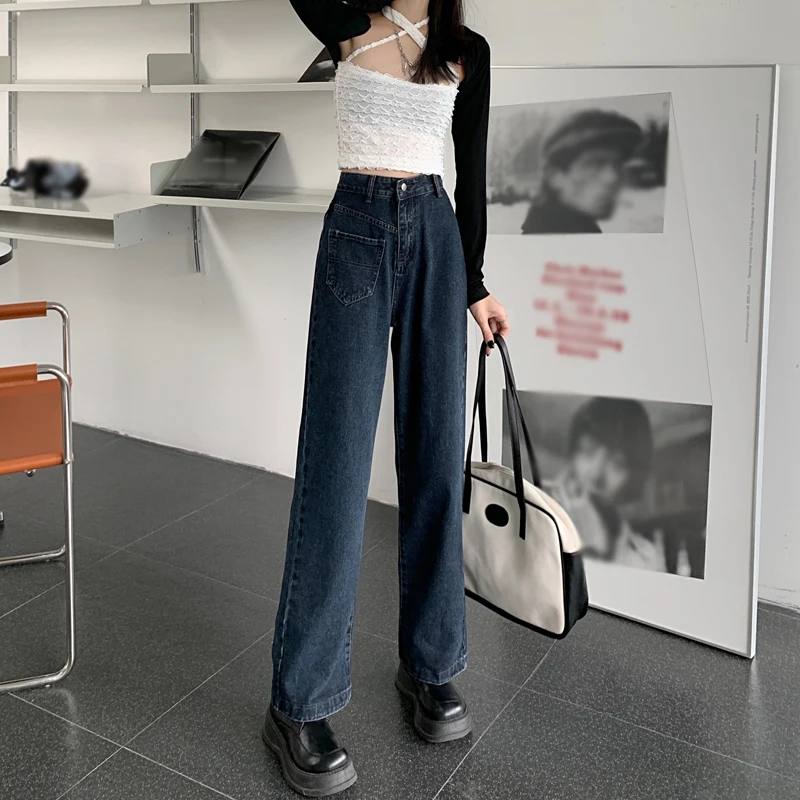 

DD0508 Retro high-waisted straight wide-leg trousers all-match slim jeans