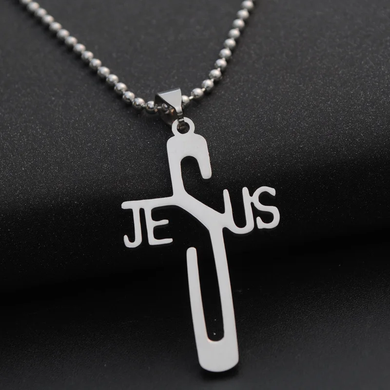 

AMORUI Stainless Steel JESUS CROSS Pendant Necklace Jewelry Beads Chain Christian Symbol Silver Color Jesus Jewelry