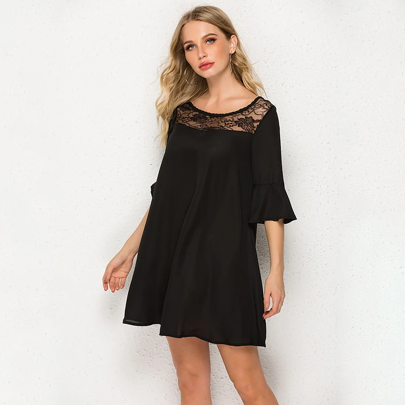 

Fashion Women Chiffon Dress Vestidos NEW Summer Women Round Collar Lace Patchwork Mini Dress Flared Sleeve Chiffon Dress