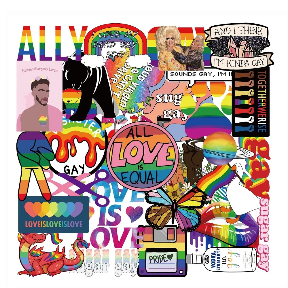 Pegatinas divertidas de colores del Arco&iacute;ris para ni&ntilde;os, 50 Uds. De pegatinas LGBT para monopat&iacute;n, guitarra, motocicleta, coche, Bolsa Escolar, port&aacute;til, juguete de bicicleta Gay-2