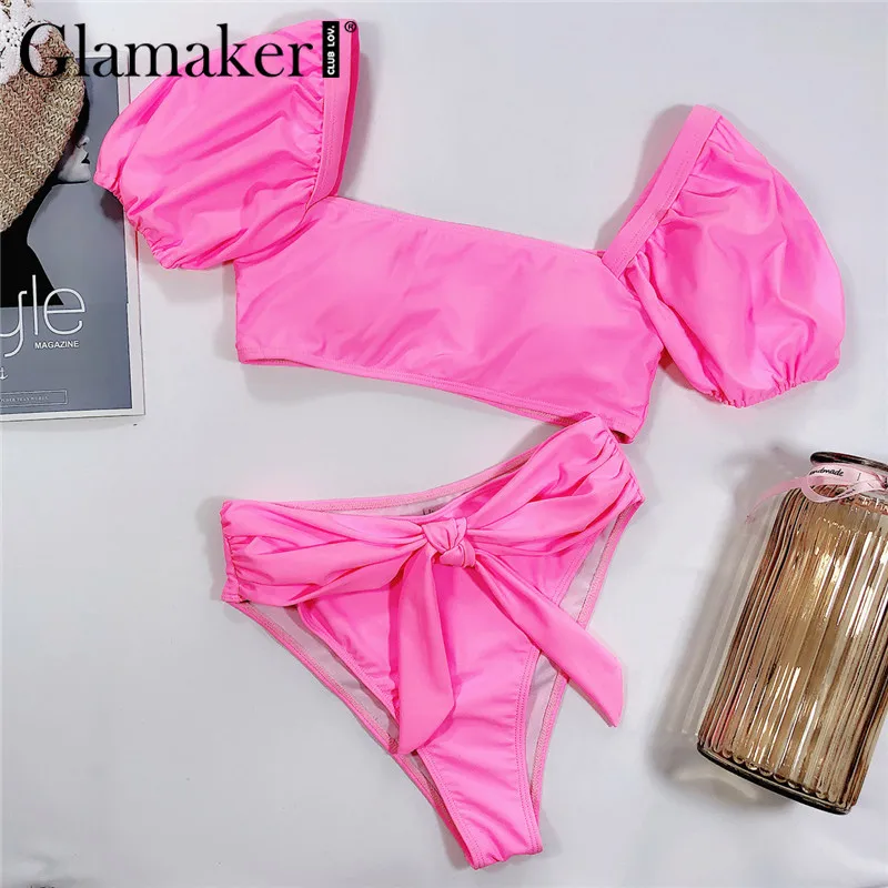 Женский комплект бикини Glamaker розовый из двух предметов с высокой талией и бантом