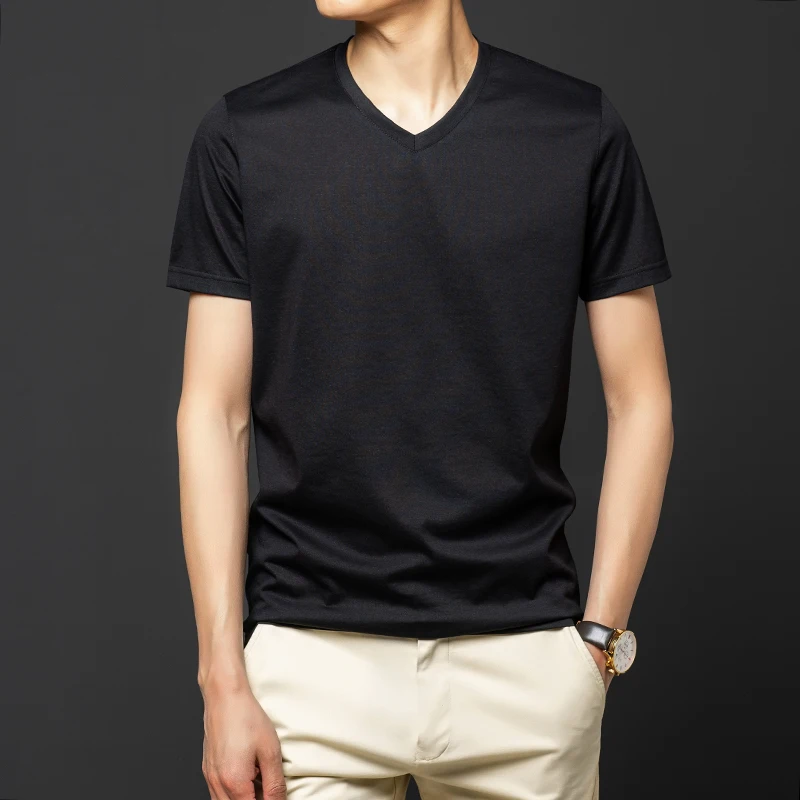 

Футболка мужская из высококачественного шелка, с V-образным вырезом, однотонная, лето 2021