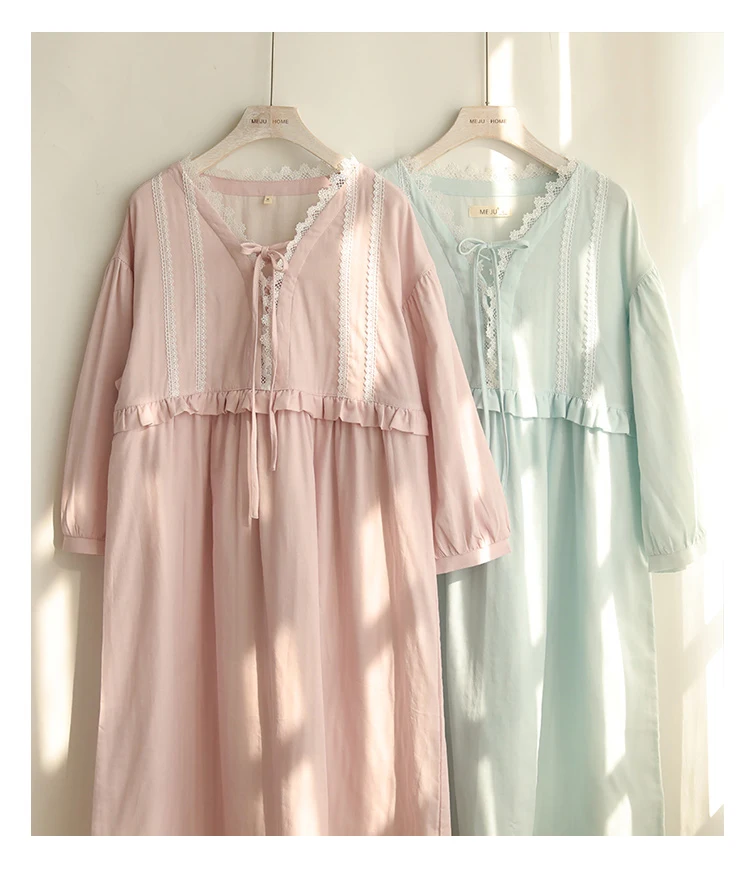 

Nightdress for Women 2021 Spring/Autumn French Royal Court Style Cotton V-neck Nightgown Long Sleeve Sweet Solid Sleeping Dress