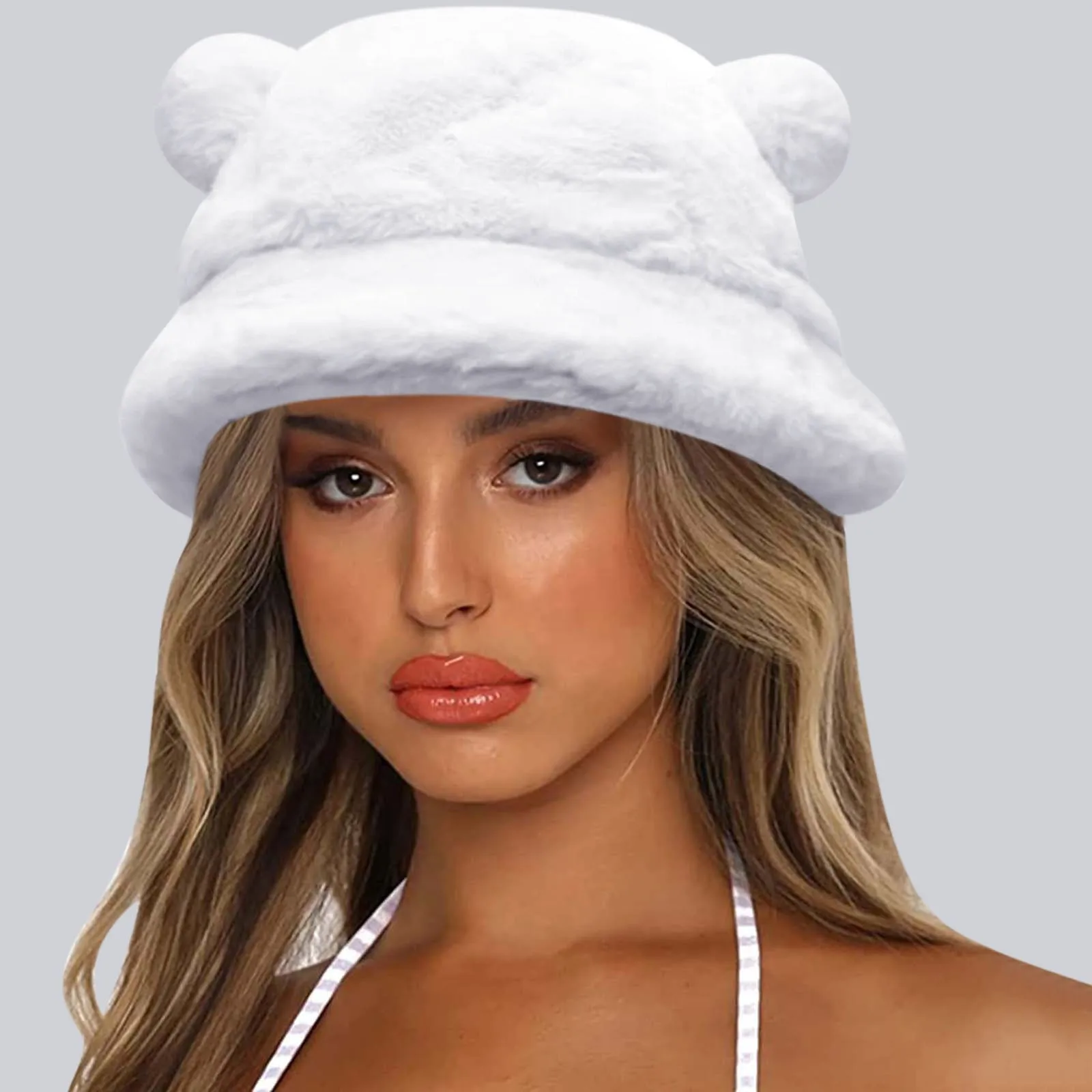 

Faux Fur Winter Bucket Hat For Women Outdoor Sunscreen Sun Hat Panama Cap Ladies 2021 Women Hat Solid Artificial Fur Warm Female