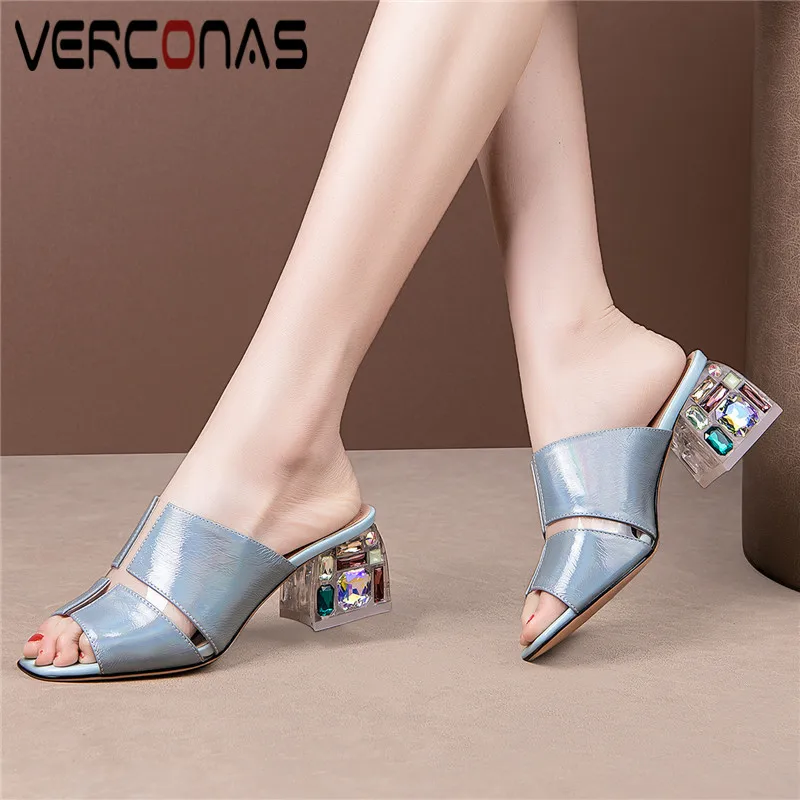 

VERCONAS Women High Quality Basic Shoes Thick Heel Slippers Genuine Leather Peep Toe Sandals Thick Heels Summer Shoes Woman