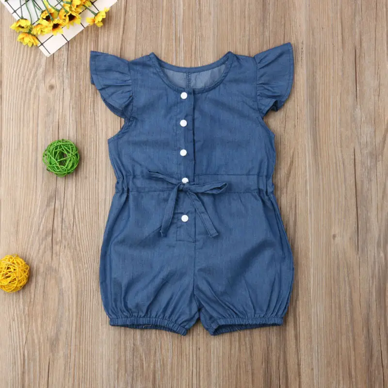Летний детский цельный комбинезон для маленьких девочек джинсовый с цветочным