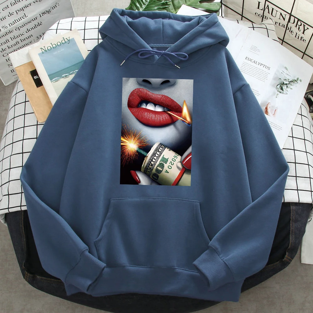 

Red Lips Matches Money Print Hoodie Man Loose Funny Hoodies Hip Hop Fashion Fleece Hoodie Long Sleeve Anime New Arrival Clothing