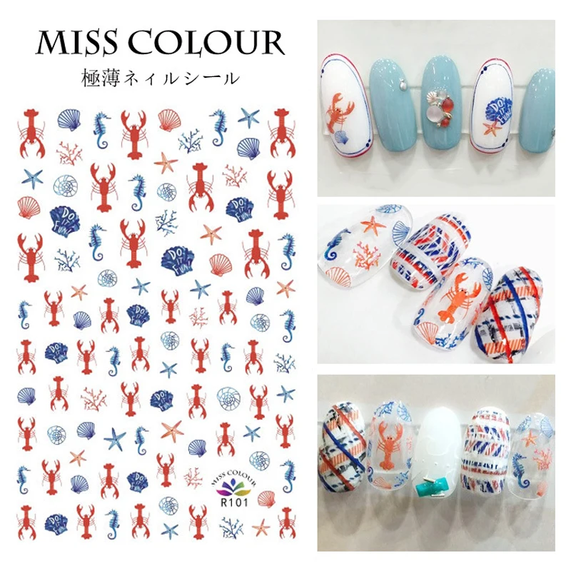 

10 sheets in a pack Summer vacation adhesive sea coconut tree lobster surfing nail stickers supplies nail decals nail stickers n