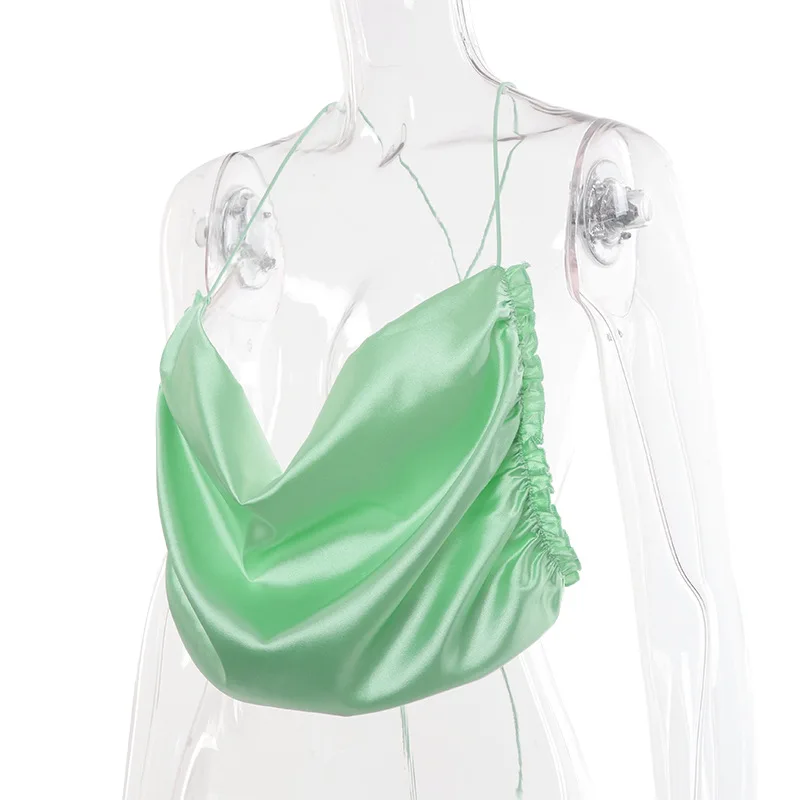Зеленая Атласная Блузка с открытой спиной Элегантная блузка оборками
