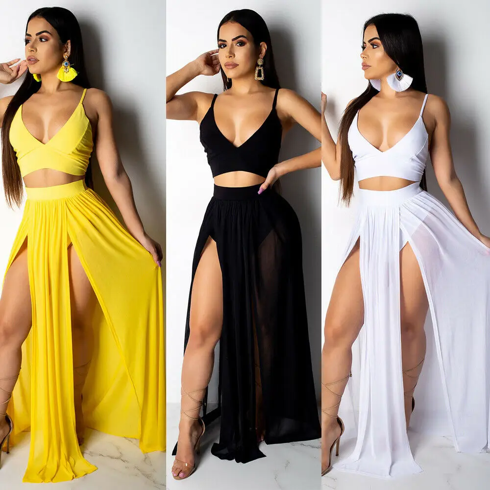 

Summer Women Clothes Set Bandage V Neck Casual Beach Crop Top+ Long Skirt 2Pcs Sexy Party Clubwear Set
