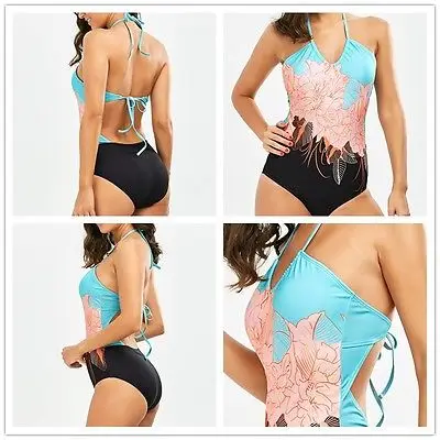 

New Women One Piece printed floral halter bandage Bikini Push up Padded Bra Swimsuit Bathing suit Swimwear Beachwear biquini