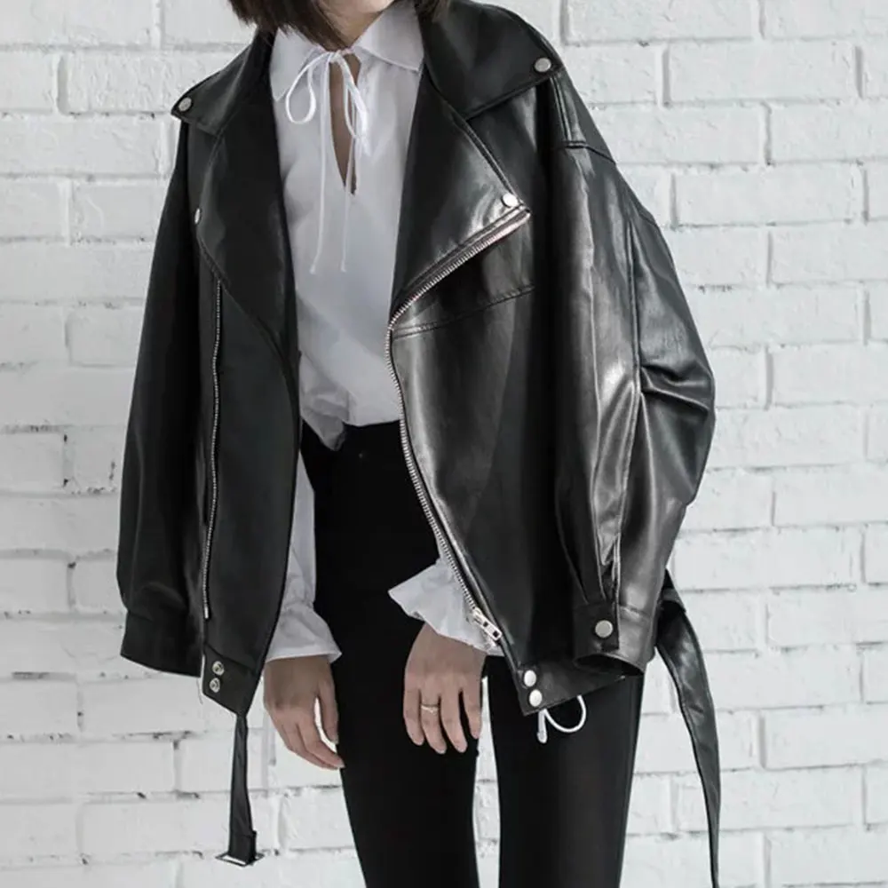 

New Arrival Women Autumn Winter Quality Leather Jacket Oversized Ladies Korean Style Female Coat Zipper Lose Fashion Streetwear