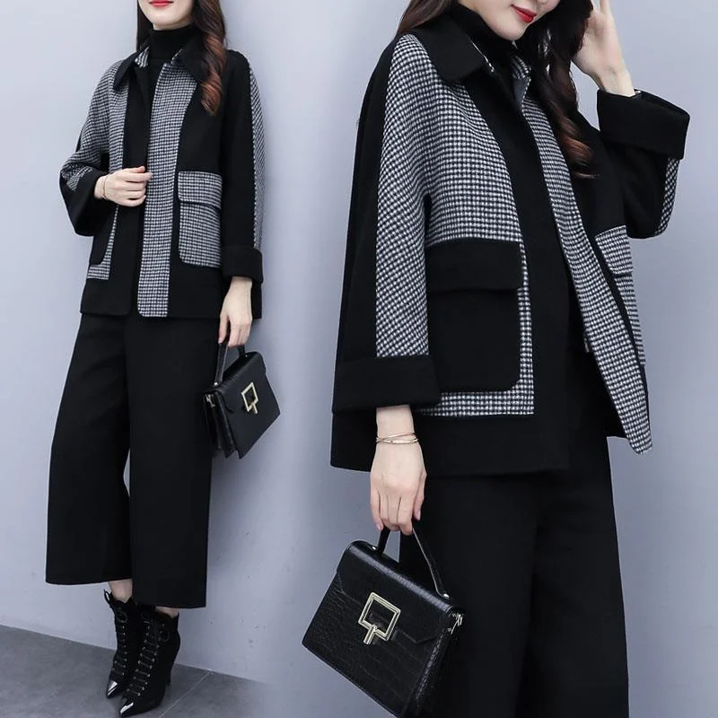 

Women New Suit 2021Autumn Winter Woolen Two-piece Splicing Plaid Jacket Female Wide-leg Pants Casual Fashion Suit Coat TrendA715